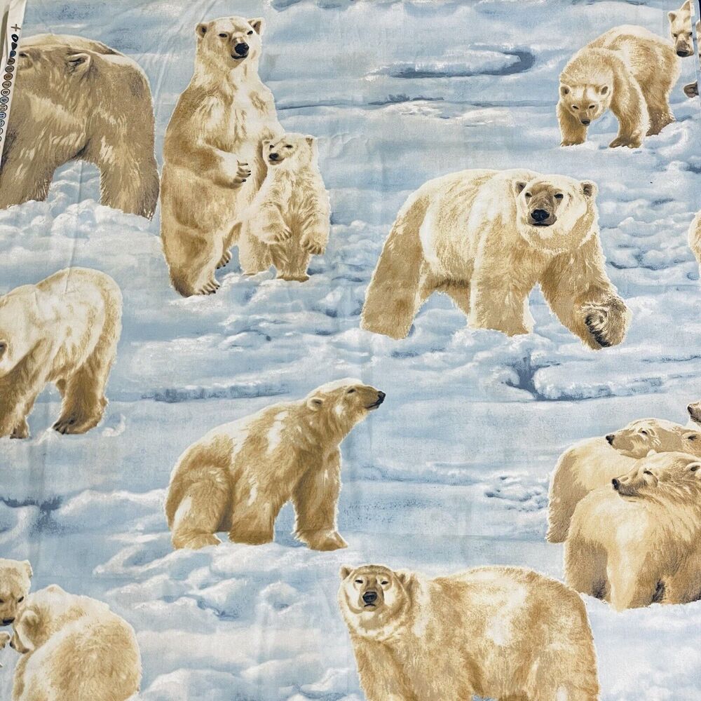 Vtg Arctic Polar Bears Blue White Cotton Fabric Quilting Sewing BTY